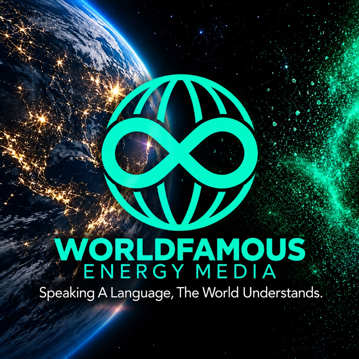 Worldfamous Energy Media turquoise infinity globe logo with Earth and the tagline Speaking A Language, The World Understands.